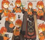  1boy 1girl animal armor blonde_hair breastplate brown_background brown_cape brown_eyes brown_hair cape cat commentary_request delthea_(fire_emblem) fire_emblem fire_emblem_echoes:_shadows_of_valentia gradient_hair haru_(nakajou-28) highres holding holding_animal holding_cat long_hair low_ponytail luthier_(fire_emblem) male_focus multicolored_hair multiple_views open_mouth orange_hair pauldrons paw_print ponytail shoulder_armor solo_focus sweatdrop tabard thinking twitter_username two-tone_cape weeds 