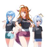  3girls absurdres ahoge amane_kanata black_shirt blue_hair blush_stickers breast_envy breasts closed_eyes commentary_request dolphin_shorts fang flat_chest hand_on_hip highres hololive horns hoshimachi_suisei illusion_grid_t-shirt kiryu_coco large_breasts long_hair multiple_girls nonbire one_eye_closed orange_hair shirt short_hair shorts simple_background skin_fang t-shirt tented_shirt white_background 