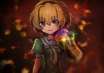  1girl :d bangs black_hairband blonde_hair crossover dress eyebrows_visible_through_hair eyes_visible_through_hair fang fire furoshikifu_sen gem gloves glowing green_dress hair_between_eyes hairband highres higurashi_no_naku_koro_ni houjou_satoko infinity_gauntlet infinity_gems looking_at_viewer marvel neckerchief open_mouth puffy_sleeves purple_eyes sailor_collar sailor_dress shiny shiny_hair short_hair sketch smile smoke solo white_sailor_collar 