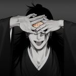  1boy arms_up covered_eyes ear_piercing getou_suguru greyscale hair_bun hair_pulled_back hands_over_eyes japanese_clothes jujutsu_kaisen kimono long_hair long_sleeves male_focus monochrome open_mouth piercing simple_background smile solo spot_color stitches tongue tongue_out wide_sleeves zo_1o1m 