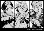  3boys aohitsugi_samatoki blood blood_on_face blood_splatter busujima_riou_mason camouflage combat_knife dog_tags formal glasses gloves greyscale grin gun handgun highres holding holding_gun holding_knife holding_weapon hypnosis_mic iruma_juuto jewelry knife mad_trigger_crew male_focus monochrome multiple_boys necktie punching reverse_grip shirt simple_background smile suit take_bayashi_3d undercut weapon 