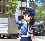  1girl blue_headwear blue_shirt blush brown_eyes brown_hair car chutohampa glint gloves ground_vehicle hat long_hair long_sleeves motor_vehicle original outdoors police police_uniform policewoman shadow shirt sign solo traffic traffic_light tree uniform upper_body whistle white_gloves 