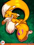  3:4 anthro athosvds big_breasts blue_eyes breasts digimon digimon_(species) dipstick_ears dipstick_tail female fluffy fluffy_tail fur hi_res long_tail looking_at_viewer multicolored_ears multicolored_tail nipples puffy_nipples renamon yellow_body yellow_fur 
