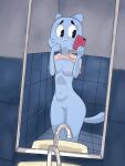  2016 3:4 anthro bathroom blue_body bottomless breasts cartoon_network clothed clothing domestic_cat exposed_breasts featureless_crotch felid feline felis female holding_object holding_phone mammal mirror mirror_selfie nicole_watterson nipples phone portrait raised_clothing raised_shirt raised_topwear selfie shirt solo the_amazing_world_of_gumball three-quarter_portrait topwear wateris 