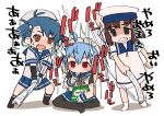  3girls black_eyes black_hair black_legwear blue_hair blue_neckwear blue_ribbon blue_skirt bob_cut brown_eyes clenched_teeth daitou_(kancolle) dress eating fukae_(kancolle) gloves gradient_hair harukaze_unipo hat hitting holding holding_newspaper kantai_collection kneehighs long_hair milo_(drink) multicolored_hair multiple_girls neckerchief newspaper pleated_skirt red_eyes ribbon sado_(kancolle) sailor_collar sailor_dress sailor_hat school_uniform serafuku shirt short_hair short_sleeves side_ponytail sidelocks single_arm_warmer skirt sleeveless sleeveless_shirt spoon teeth tsurime undershirt wavy_mouth white_dress white_gloves white_legwear 