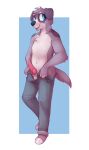  2019 absurd_res anthro blue_background blue_eyes bottomwear canid canine canis chest_tuft clothed clothing conditional_dnp domestic_dog elijah-draws erection fur genitals grey_body grey_fur head_tuft hi_res knot male mammal open_mouth open_smile pants penis pink_penis simple_background smile solo topless tuft white_body white_fur 