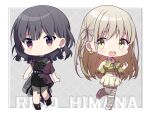  2girls :d bangs bare_shoulders black_dress black_footwear black_hair boots brown_eyes chibi choker dress eyebrows_visible_through_hair green_shirt grey_hair grey_legwear hair_between_eyes highres ichiren_namiro jewelry long_hair long_sleeves multiple_girls off-shoulder_shirt off_shoulder open_mouth original pantyhose pleated_skirt purple_eyes ring shirt shoes skirt sleeveless sleeveless_dress smile standing standing_on_one_leg upper_teeth very_long_hair white_choker white_footwear 