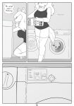  absurd_res anthro blank_expression canid canine canisfidelis clothed clothing comic dial dialogue english_text female hi_res laundry laundry_basket mammal monochrome seashell_(canisfidelis) solo text walking washing_machine 