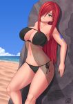  1girl arm_tattoo beach bikini black_bikini blue_sky breasts brown_eyes cloud commentary cowboy_shot day erza_scarlet fairy_tail flower hair_over_one_eye head_tilt highleg highleg_swimsuit large_breasts long_hair looking_at_viewer outdoors parted_lips red_hair rock rocky-ace side-tie_bikini sky smile solo swimsuit tattoo turtleneck 