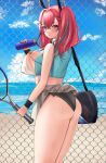  1girl absurdres accidental_exposure ass azur_lane bag bangs bare_shoulders beach black_panties blue_sky blush bottle breasts bremerton_(azur_lane) bremerton_(scorching-hot_training)_(azur_lane) chain-link_fence closed_mouth cloud commentary_request cowboy_shot crop_top crop_top_overhang crossed_bangs day doinaka eyebrows_visible_through_hair fence green_shirt grey_hair hair_between_eyes hair_intakes hair_ornament hairclip highres holding holding_bottle holding_racket large_breasts long_hair looking_at_viewer midriff mole multicolored_hair no_bra ocean panties pink_eyes pink_hair racket see-through shirt shoulder_bag sidelocks skirt skirt_lift sky sleeveless sleeveless_shirt solo sportswear standing streaked_hair sweat tennis_racket tennis_uniform twintails two-tone_hair two-tone_shirt two-tone_skirt underwear water_bottle wet wet_clothes wet_shirt white_shirt white_skirt wristband x_hair_ornament 