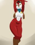  2016 abs anthro avian beak big_breasts bird bottomless breasts clothed clothing crossgender deputy_peck disney feathers female hi_res looking_at_viewer mtf_crossgender neckerchief nipple_slip nipples non-mammal_breasts non-mammal_nipples portrait red_body red_feathers sheriff_badge sheriff_callie&#039;s_wild_west solo three-quarter_portrait wateris 
