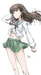  1girl artist_name bad_id bad_twitter_id bangs black_eyes black_neckwear blouse blunt_bangs brown_hair closed_mouth colored_pencil_(medium) commentary erakin girls_und_panzer girls_und_panzer_senshadou_daisakusen! green_skirt hand_in_hair highres light_frown long_hair long_sleeves looking_to_the_side midriff_peek miniskirt neckerchief nishizumi_shiho ooarai_school_uniform pleated_skirt sailor_collar school_uniform serafuku signature simple_background skirt solo standing straight_hair traditional_media white_background white_blouse white_sailor_collar wind 