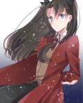  1girl black_hair blue_eyes coat fate/stay_night fate/unlimited_blade_works fate_(series) homurahara_academy_uniform long_hair red_coat ribbon school_uniform smile solo suzuko_(star8383) tohsaka_rin twintails two_side_up 