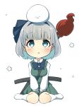  1girl :3 bangs black_bow black_hairband black_neckwear blue_eyes blunt_bangs bow bowtie breasts chibi eyebrows_visible_through_hair full_body green_skirt green_vest grey_hair hairband highres konpaku_youmu konpaku_youmu_(ghost) long_sleeves looking_at_another looking_up medium_breasts multiple_swords on_head open_mouth pegashi pleated_skirt sheath sheathed shirt short_hair simple_background sitting skirt sleeping solo sword sword_behind_back touhou v_arms vest weapon white_background white_legwear white_shirt 