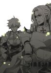  2boys armor bangs breastplate cape chainmail closed_mouth commentary_request cross eyebrows_visible_through_hair gauntlets greyscale hair_between_eyes high_ponytail leg_armor long_hair looking_at_another looking_back lord_knight_(ragnarok_online) male_focus monochrome multiple_boys paladin_(ragnarok_online) parted_bangs partially_colored pauldrons ragnarok_online randel_lawrence red_eyes scabbard scar scar_on_face seyren_windsor sheath short_hair shoulder_armor spiked_gauntlets sptbird tabard upper_body 