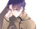  1boy arm_support blue_eyes blue_hair fate/stay_night fate_(series) gakuran homurahara_academy_uniform matou_shinji school_uniform short_hair solo suzuko_(star8383) upper_body wavy_hair 