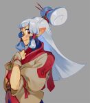  1girl birthmark blush brown_eyes forehead_tattoo grey_background grey_hair hair_ornament hair_stick hands_up long_hair looking_at_viewer paya_(zelda) sheikah simple_background solo sweatdrop the_legend_of_zelda the_legend_of_zelda:_breath_of_the_wild upper_body zambiie 