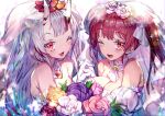  2girls bangs bare_shoulders blunt_bangs blush bouquet breasts bridal_veil choker cleavage commentary dress english_commentary eyebrows_visible_through_hair fang flower hololive horns houshou_marine large_breasts long_hair multiple_girls nakiri_ayame one_eye_closed oni oni_horns open_mouth pink_flower pink_rose purple_flower purple_rose red_eyes red_hair redcomet rose skin_fang sparkle twintails upper_body veil virtual_youtuber wedding_dress white_choker white_flower white_hair white_rose 