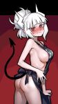 1girl apron areola_slip areolae as109 ass bangs black_apron black_tail blunt_bangs blush breasts commentary demon_girl demon_tail from_behind helltaker highres horns long_hair looking_at_viewer looking_back lucifer_(helltaker) medium_breasts mole mole_on_breast mole_under_eye naked_apron ponytail red_eyes revision shiny shiny_hair shiny_skin sideboob solo standing sweat tail white_hair white_horns 