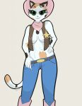  2014 anthro bottomwear bottomwear_pull breasts calico_cat cleavage clothed clothing clothing_pull cowboy denim denim_clothing disney domestic_cat felid feline felis female green_eyes hand_on_hip hi_res jeans looking_at_viewer mammal mottled neckerchief pants pants_pull piebald portrait sheriff_badge sheriff_callie sheriff_callie&#039;s_wild_west smile smirk solo standing three-quarter_portrait wateris 