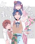  1girl 2boys alternate_costume apron blue_eyes blue_hair brother_and_sister closed_eyes cupcake dress emiya_shirou enmaided fate/stay_night fate_(series) food hair_ribbon hat holding holding_tray long_hair maid maid_apron matou_sakura matou_shinji multiple_boys orange_hair purple_hair red_ribbon ribbon short_hair siblings smile suzuko_(star8383) sweatdrop top_hat translation_request tray vest wavy_hair white_apron 