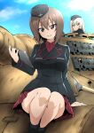  2girls blue_sky brown_eyes brown_hair cloud commentary_request day garrison_cap girls_und_panzer hat highres itsumi_erika looking_at_viewer multiple_girls nakahira_guy nishizumi_maho short_hair sky smile white_hair 