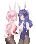  2girls alternate_costume animal_ears bangs black_bow black_gloves bow breasts bunny_ears bunny_tail cleavage commission elbow_gloves eyebrows_visible_through_hair fang gloves hair_behind_ear hair_bow hand_to_hand highres medium_breasts multiple_girls nini_yuuna open_mouth pantyhose parted_lips pink_eyes playboy_bunny rui_(ruiaes) smile tail tsunderia twintails virtual_youtuber watermark wrist_cuffs yazaki_kallin yellow_eyes 