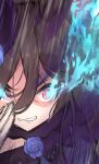  1girl absurdres animal_ears bangs black_hair blue_dress blue_flower blue_rose clenched_teeth close-up commentary_request dress eyebrows_behind_hair flaming_eye flower hair_between_eyes highres horse_ears motion_blur pink_eyes rice_shower_(umamusume) roido_(taniko-t-1218) rose running solo sweat teeth umamusume v-shaped_eyebrows 
