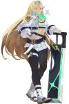  1girl alternate_costume bangs blonde_hair breasts chest_jewel cleavage highres large_breasts long_hair mythra_(xenoblade) pantyhose simple_background solo sou_(pale_1080) swept_bangs sword tiara very_long_hair weapon white_background xenoblade_chronicles_(series) xenoblade_chronicles_2 yellow_eyes 
