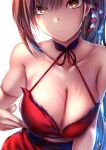  1girl akeyama_kitsune armpit_crease azur_lane bangs bare_shoulders breast_poke breasts brown_hair cleavage closed_mouth collarbone commentary criss-cross_halter dress eyebrows_behind_hair frown hair_between_eyes hair_ornament halterneck high_ponytail large_breasts leaning_forward long_hair looking_at_viewer poking ponytail red_dress sidelocks simple_background sleeveless sleeveless_dress solo standing sweat upper_body very_long_hair white_background yellow_eyes zuikaku_(azur_lane) 