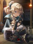  1boy 1girl bangs barrel beer_mug blonde_hair blue_capelet blue_eyes blurry blurry_background breasts capelet cleavage cup detached_collar diluc_(genshin_impact) genshin_impact gloves hair_between_eyes hair_ribbon high_collar high_ponytail indoors jean_gunnhildr_(genshin_impact) large_breasts long_hair mug multicolored_capelet open_mouth out_of_frame ponytail ribbon sidelocks silence_girl sitting table water 