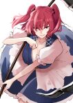 1girl bangs blue_dress breasts cleavage deetamu dress eyebrows_behind_hair from_above hair_bobbles hair_ornament highres holding holding_scythe large_breasts looking_at_viewer onozuka_komachi open_mouth puffy_short_sleeves puffy_sleeves red_eyes red_hair scythe short_hair short_sleeves simple_background smile solo touhou two_side_up white_background 