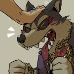  1:1 2021 anthro black_nose black_sclera canid canine canis chain clothed clothing domestic_dog duo eyes_closed fingers fur garmr grey_background grey_body grey_fur headpat humanoid_hands male male_focus mammal multicolored_body multicolored_fur open_clothing open_mouth open_shirt open_topwear protagonist_(tas) ptb_3_trying purple_clothing shirt simple_background solo_focus tan_body tan_fur tokyo_afterschool_summoners topwear two_tone_body two_tone_fur video_games yellow_eyes 