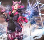  1girl alternator apex_legends black_bodysuit black_headwear black_jacket blue_eyes bodysuit breasts cleavage crystal cyber_punked_wattson cyberpunk electricity eyepatch fence gun highres holding holding_gun holding_weapon horns jacket lipstick looking_down makeup mechanical_arms mechanical_legs one_eye_covered pink_hair pointing purple_lips single_mechanical_arm smile solo sumino_akasuke wattson_(apex_legends) weapon 