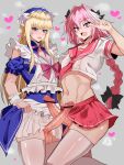  apron astolfo_(fate) blonde_hair braid chevalier_d&#039;eon_(fate) erection fate/apocrypha fate/grand_order fate_(series) frills heart highres large_penis long_hair midriff multicolored_hair multiple_penises otoko_no_ko penis penises_touching pink_hair ribbon school_uniform serafuku single_braid streaked_hair thighhighs wtwinmkii2nd 