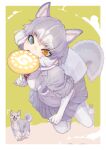  1girl action animal_ears blue_eyes commentary creature_and_personification dog dog_(mixed_breed)_(kemono_friends) dog_ears dog_girl dog_tail don3 elbow_gloves extra_ears eyebrows_visible_through_hair fang frisbee fur_trim gloves grey_fur grey_jacket grey_skirt harness heterochromia jacket japari_symbol jumping kemono_friends midair pantyhose pleated_skirt short_sleeves skirt solo tail teeth vest white_gloves white_legwear white_vest yellow_eyes 