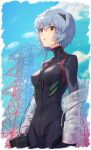 ayanami_rei black_bodysuit blue_hair blue_sky bodysuit breasts cloud collarbone cowboy_shot day drawstring earphones hair_ornament highres holding long_sleeves looking_afar looking_away makamati medium_breasts neon_genesis_evangelion number open_clothes open_mouth outdoors plugsuit power_lines red_eyes see-through short_hair skin_tight sky sony transmission_tower 