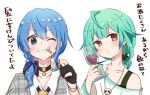  2girls alcohol alternate_hairstyle blue_eyes blue_hair blush cup drinking_glass eating eyebrows_visible_through_hair gloves green_hair hair_ornament hololive hoshimachi_suisei looking_at_viewer multiple_girls one_eye_closed ponytail red_eyes side_ponytail smile star_(symbol) uruha_rushia virtual_youtuber wine wine_glass 