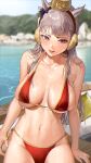  1girl animal_ears bangs bare_arms bare_shoulders bikini blue_bow blurry blurry_background bow breasts earmuffs etm_(75220988) gold_ship hair_bow hat highres large_breasts long_hair looking_at_viewer navel outdoors purple_eyes red_bikini side-tie_bikini silver_hair smile solo stomach swimsuit tongue umamusume water 