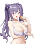  1girl bare_arms bare_shoulders bikini blush bow braid breast_hold breasts cleavage collarbone cresmsilet double_bun eating food genshin_impact hair_bow hair_bun highres ice_cream keqing_(genshin_impact) large_breasts looking_at_viewer navel open_mouth purple_eyes purple_hair simple_background solo stomach swimsuit twintails upper_body white_background white_bikini 