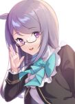  1girl :d adjusting_eyewear animal_ears bangs bespectacled black-framed_eyewear black_jacket blue_bow bow commentary_request glasses hand_up highres horse_ears jacket long_hair long_sleeves looking_at_viewer mejiro_mcqueen open_mouth purple_eyes purple_hair rukinya_(nyanko_mogumogu) semi-rimless_eyewear shirt simple_background smile solo swept_bangs umamusume under-rim_eyewear upper_body white_background white_shirt 