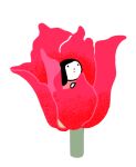  1girl black_hair closed_mouth dot_mouth dot_nose expressionless flower hand_up hirasawa_minami in_container looking_at_viewer medium_hair minigirl original red_flower red_rose rose simple_background solo white_background 