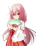  1girl bangs commentary_request eyebrows_visible_through_hair fan folding_fan hair_between_eyes hakama haryuu_(poetto) highres holding holding_fan horns japanese_clothes kimono long_hair long_sleeves looking_at_viewer low-tied_long_hair miko oni oni_horns pink_hair red_eyes red_hakama ribbon-trimmed_sleeves ribbon_trim shuna_(tensei_shitara_slime_datta_ken) solo tensei_shitara_slime_datta_ken twitter_username very_long_hair white_kimono wide_sleeves 