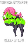  absurd_res bent_over big_breasts breasts cleavage clothed clothing dart_(thecon) dialogue female goblin green_body green_skin hair hand_on_hip hi_res humanoid not_furry pink_hair simple_background thecon thick_thighs white_background 
