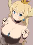  1girl bangs bare_shoulders black_collar black_dress blonde_hair blue_eyes blush bowsette bracelet breasts cleavage collar crown dress earrings highres horns jewelry large_breasts long_hair mario_(series) new_super_mario_bros._u_deluxe nishikino_kee parted_lips pointy_ears ponytail simple_background slit_pupils solo spiked_armlet spiked_bracelet spiked_collar spikes strapless strapless_dress super_crown super_mario_bros. 