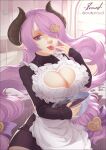  1girl absurdres apron breasts chocolate cleavage_cutout clothing_cutout granblue_fantasy hair_ornament heart heart_hair_ornament highres horns long_hair maid narmaya_(granblue_fantasy) pointy_ears purple_eyes purple_hair signature timoteo_de_carvalho tongue tongue_out 