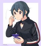  1girl applying_lotion applying_makeup biker_clothes black_jacket blue_hair check_commentary collared_jacket commentary_request horikou jacket messy_hair purple_eyes shima_saki signature unzipped younger yurucamp 
