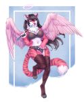  2021 4_toes 5_fingers anthro black_hair breasts clothed clothing digital_media_(artwork) eyebrows eyelashes feathered_wings feathers feet female fingers hair hi_res littlemomoko pink_body pink_feathers smile solo toes wings 