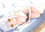  blush breasts chihiro_(khorosho) cleavage couch green_eyes no_bra original panties underwear waifu2x white_hair 