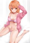  1girl :p bangs barefoot bow bow_bra bra breasts brown_eyes cardigan collarbone eyebrows_visible_through_hair hand_to_head highres isshiki_iroha long_hair long_sleeves looking_at_viewer medium_breasts navel open_cardigan open_clothes orange_hair panties pink_bra pink_cardigan pink_panties ricca sitting solo string_panties striped striped_background tongue tongue_out underwear wariza yahari_ore_no_seishun_lovecome_wa_machigatteiru. 